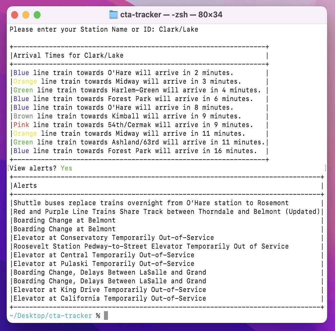 Screenshot of terminal using cta-tracker app