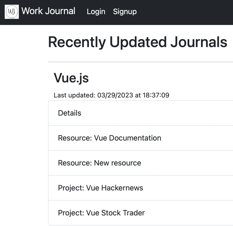 Screenshot of Work Journal App show user generated skills journals
